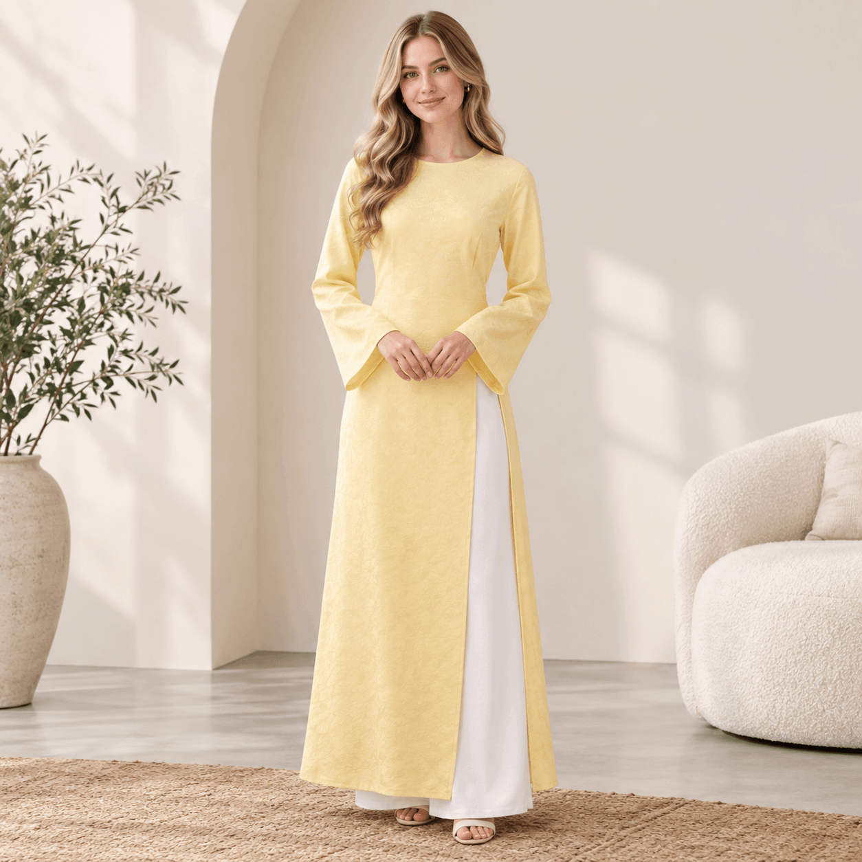 Long Sleeved Robe With Slit Solid Color Wide Leg Pants Two-piece Set